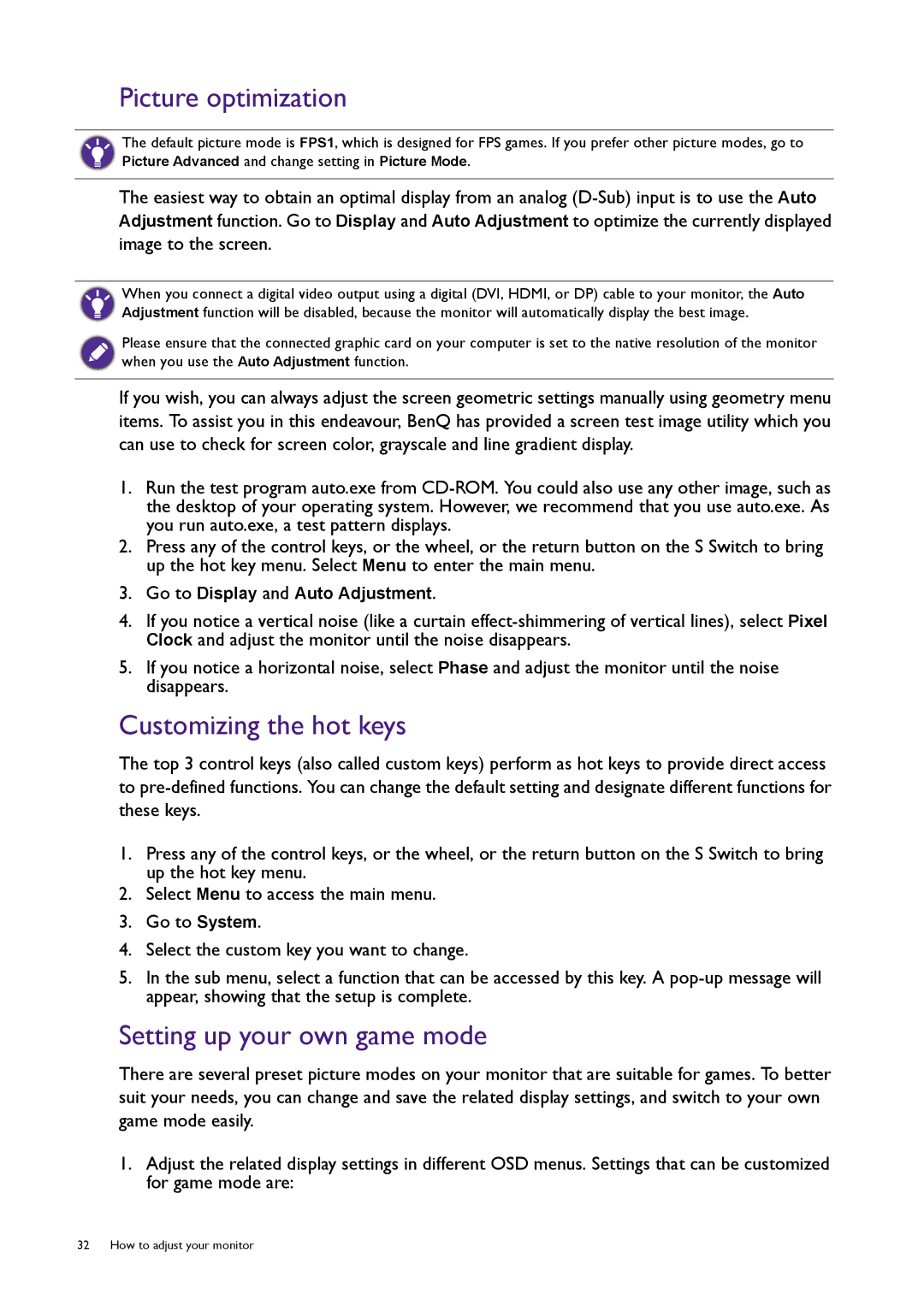 BenQ XL2420T / XL2420TX user manual Picture optimization, Customizing the hot keys, Setting up your own game mode 