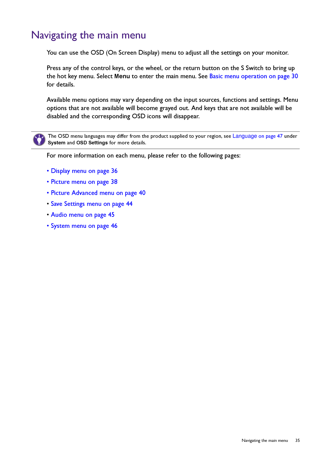 BenQ XL2420T / XL2420TX user manual Navigating the main menu 