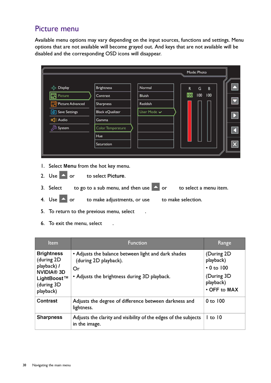 BenQ XL2420T / XL2420TX user manual Picture menu, Adjusts the brightness during 3D playback During 3D, During 3D Playback 