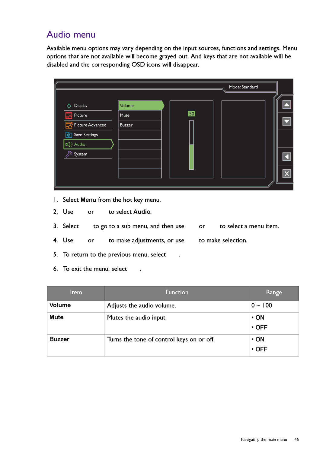 BenQ XL2420T / XL2420TX user manual Audio menu, Adjusts the audio volume, Mutes the audio input 