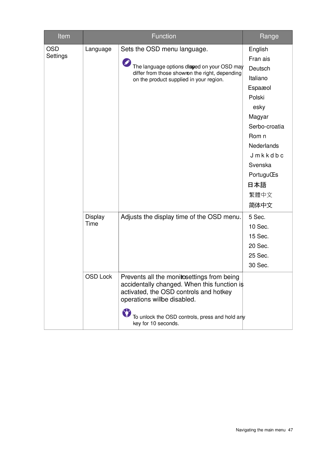 BenQ XL2420T / XL2420TX user manual Sets the OSD menu language, Adjusts the display time of the OSD menu 