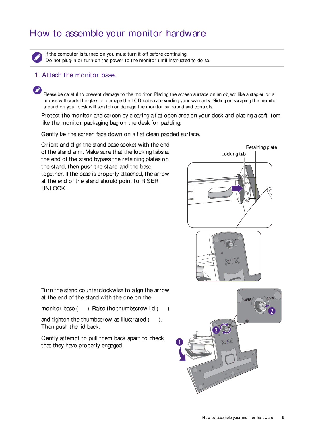 BenQ XL2420T / XL2420TX user manual How to assemble your monitor hardware, Attach the monitor base 