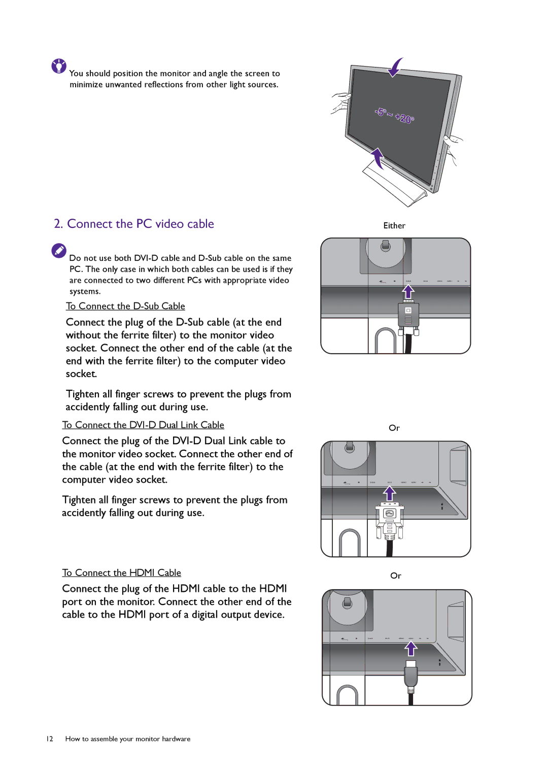 BenQ XL2420T user manual Connect the PC video cable, +20 