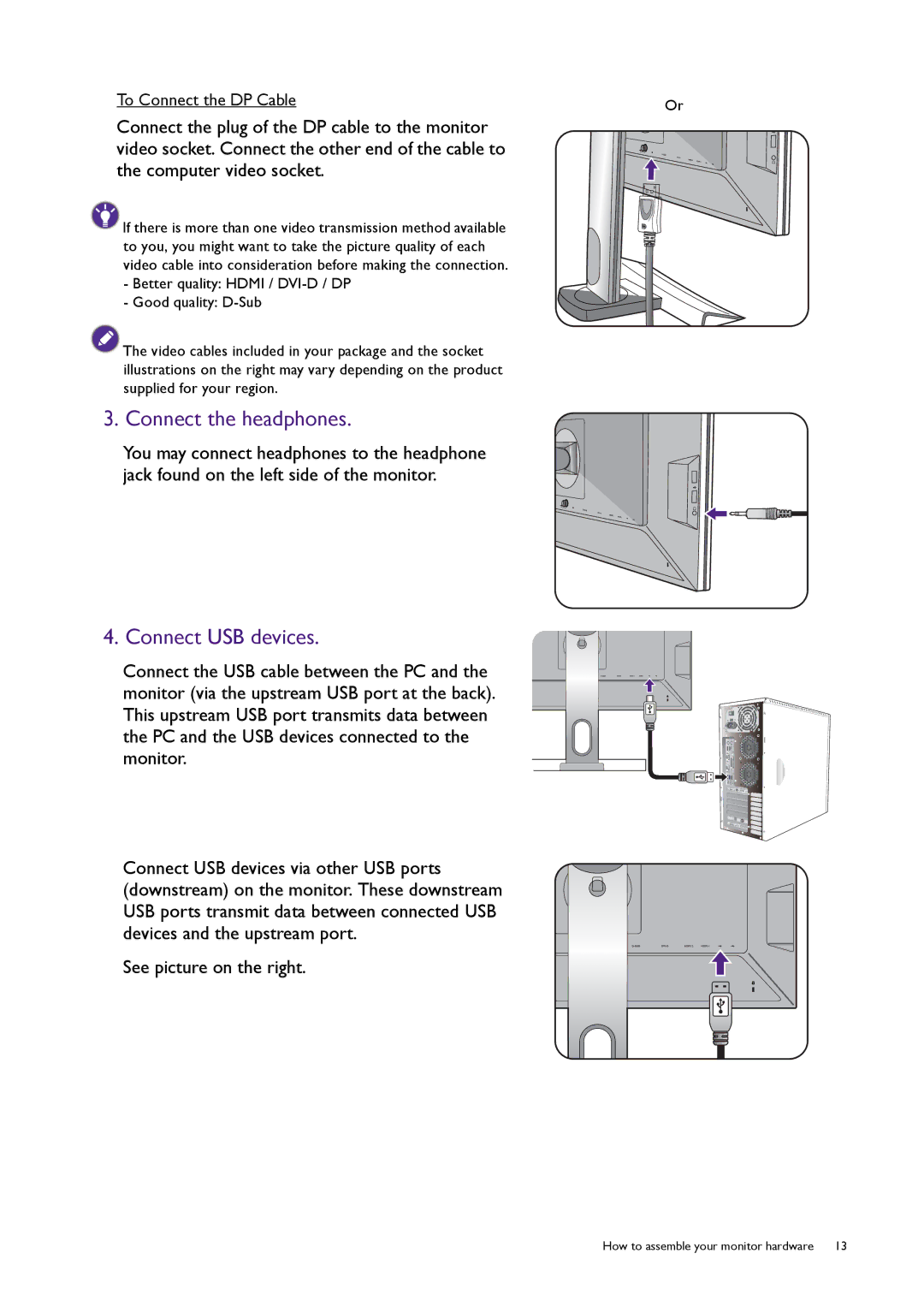 BenQ XL2420T user manual Connect the headphones, Connect USB devices 