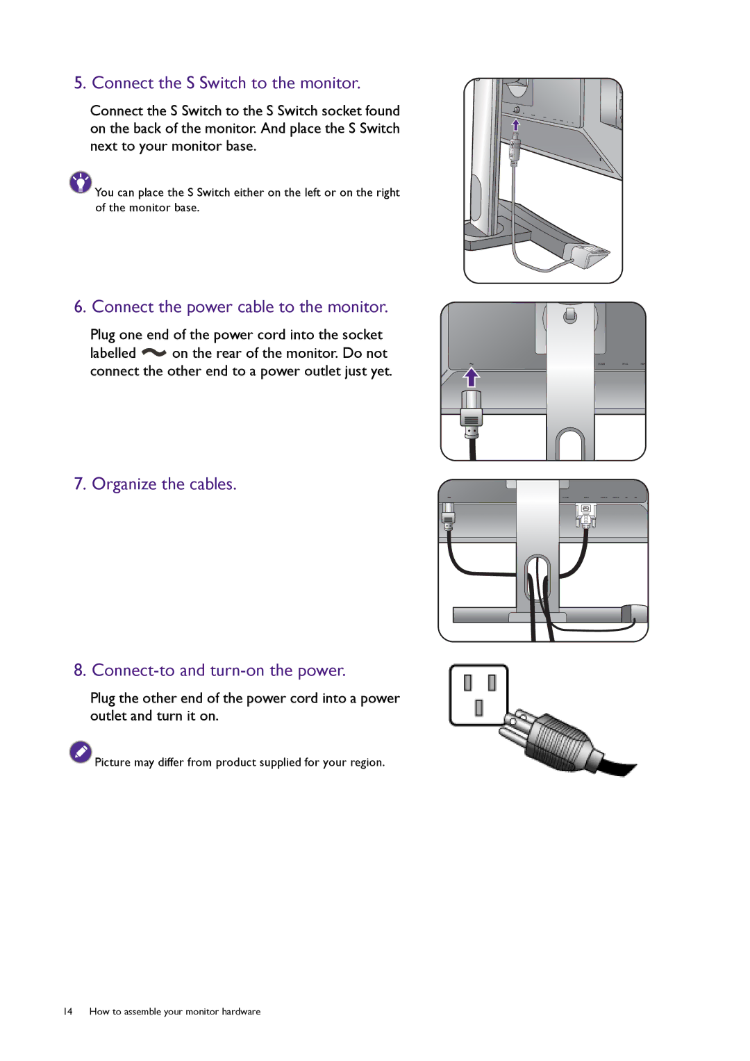 BenQ XL2420T user manual Connect the S Switch to the monitor, Connect the power cable to the monitor 