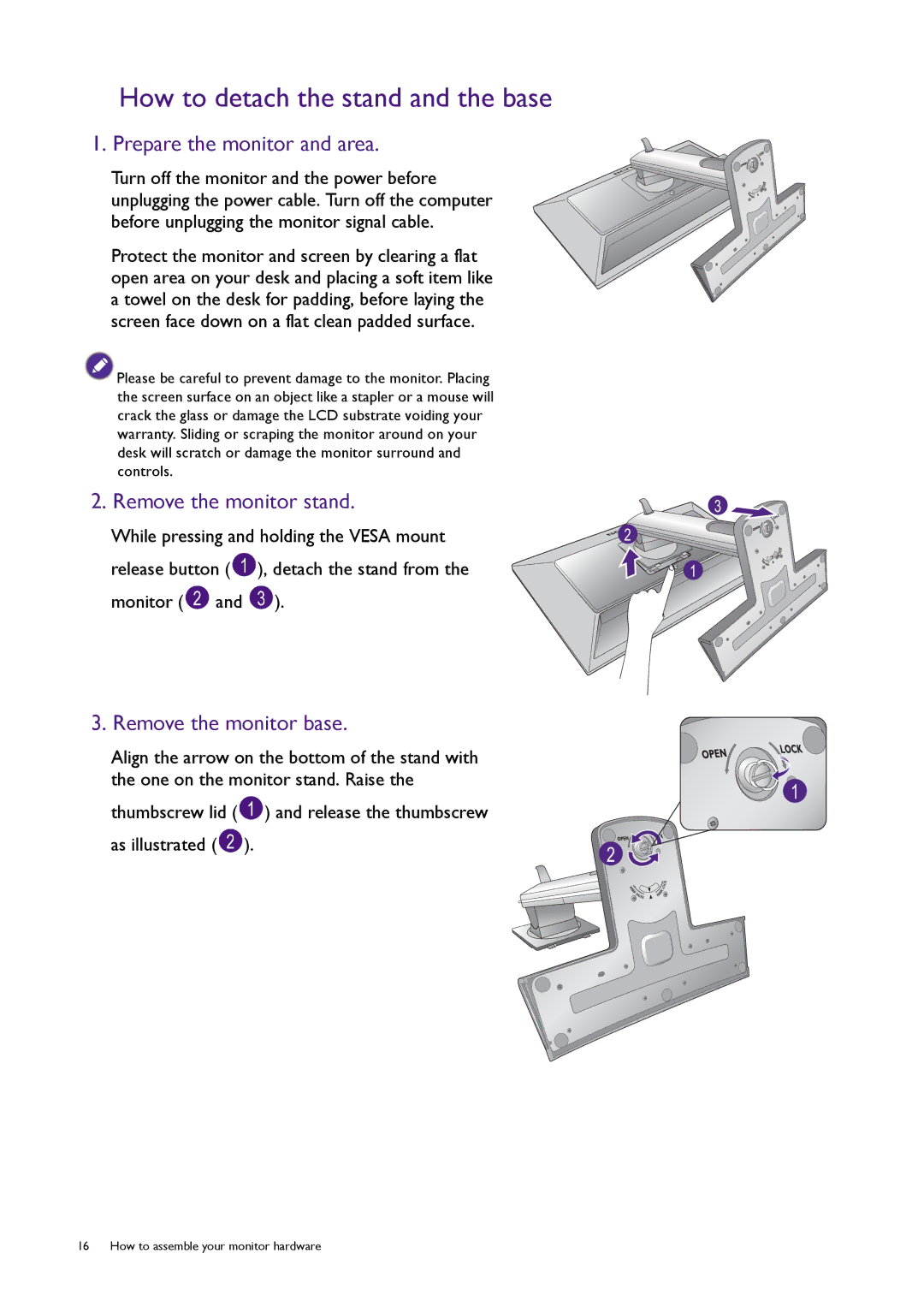 BenQ XL2420T How to detach the stand and the base, Prepare the monitor and area, Remove the monitor stand, Monitor 