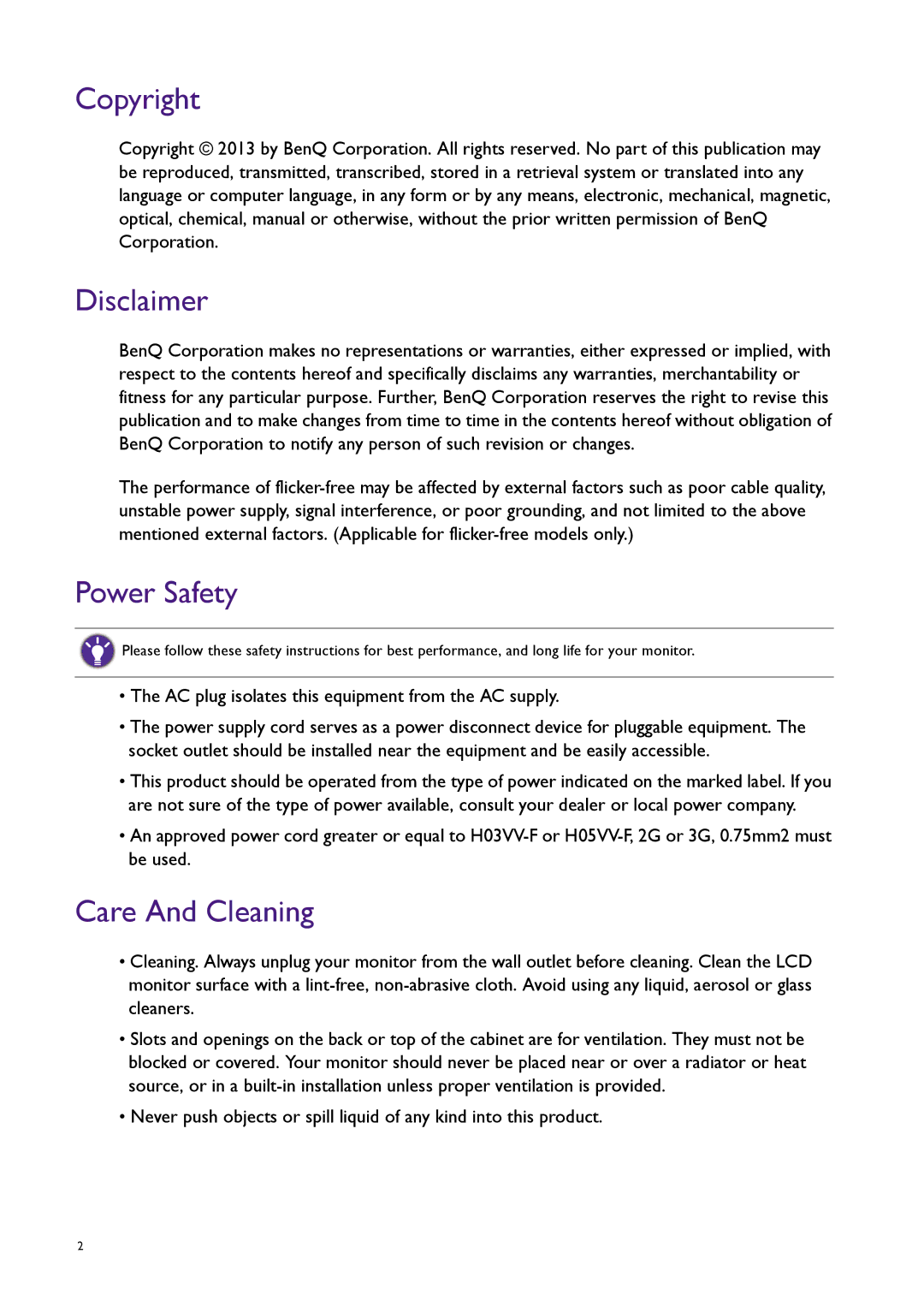 BenQ XL2420T user manual Copyright, Disclaimer, Power Safety, Care And Cleaning 