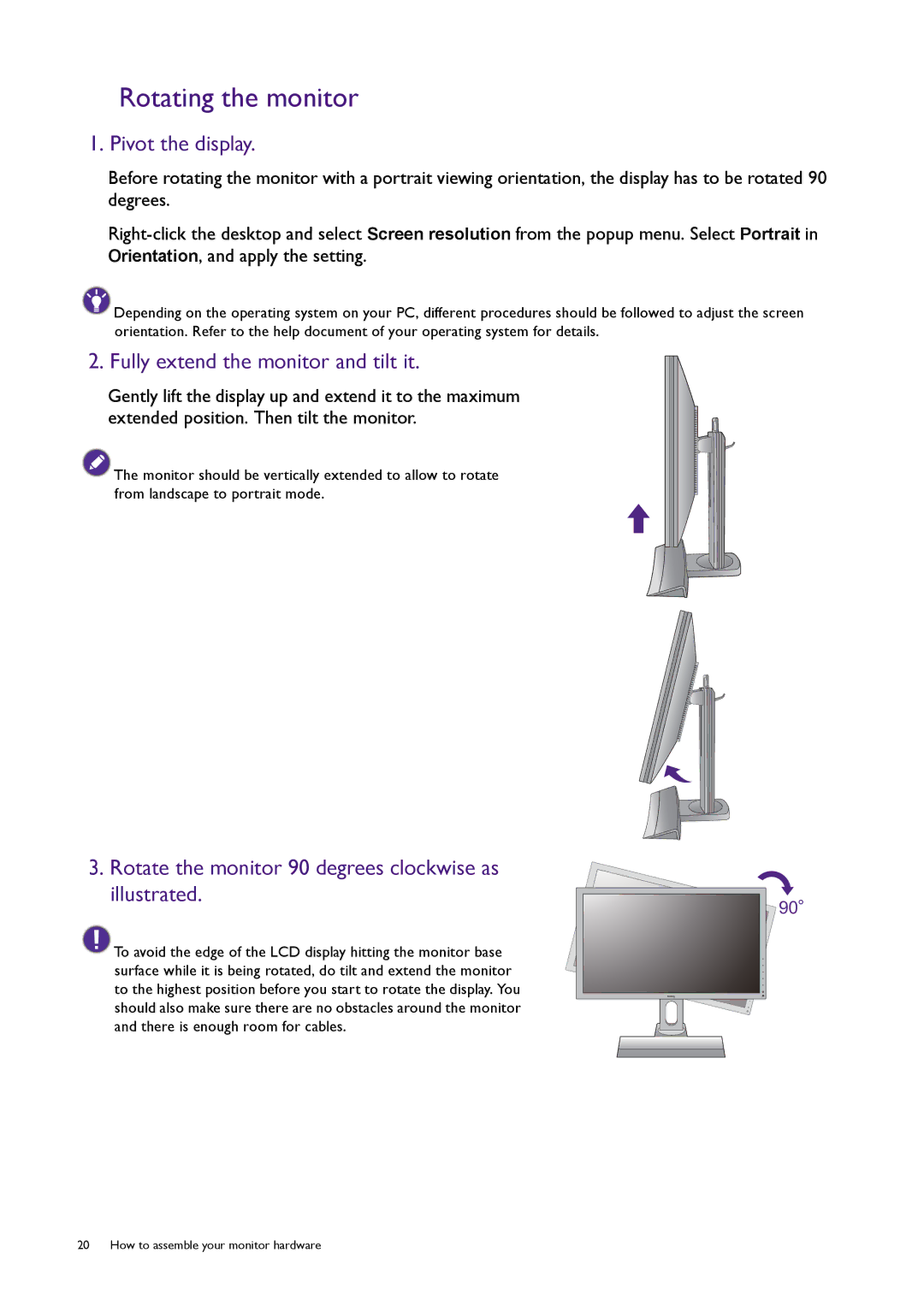 BenQ XL2420T user manual Rotating the monitor, Pivot the display, Fully extend the monitor and tilt it 