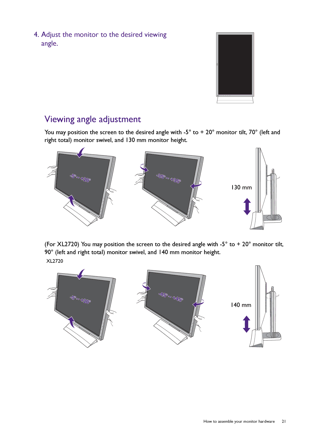 BenQ XL2420T user manual Viewing angle adjustment, Adjust the monitor to the desired viewing angle 