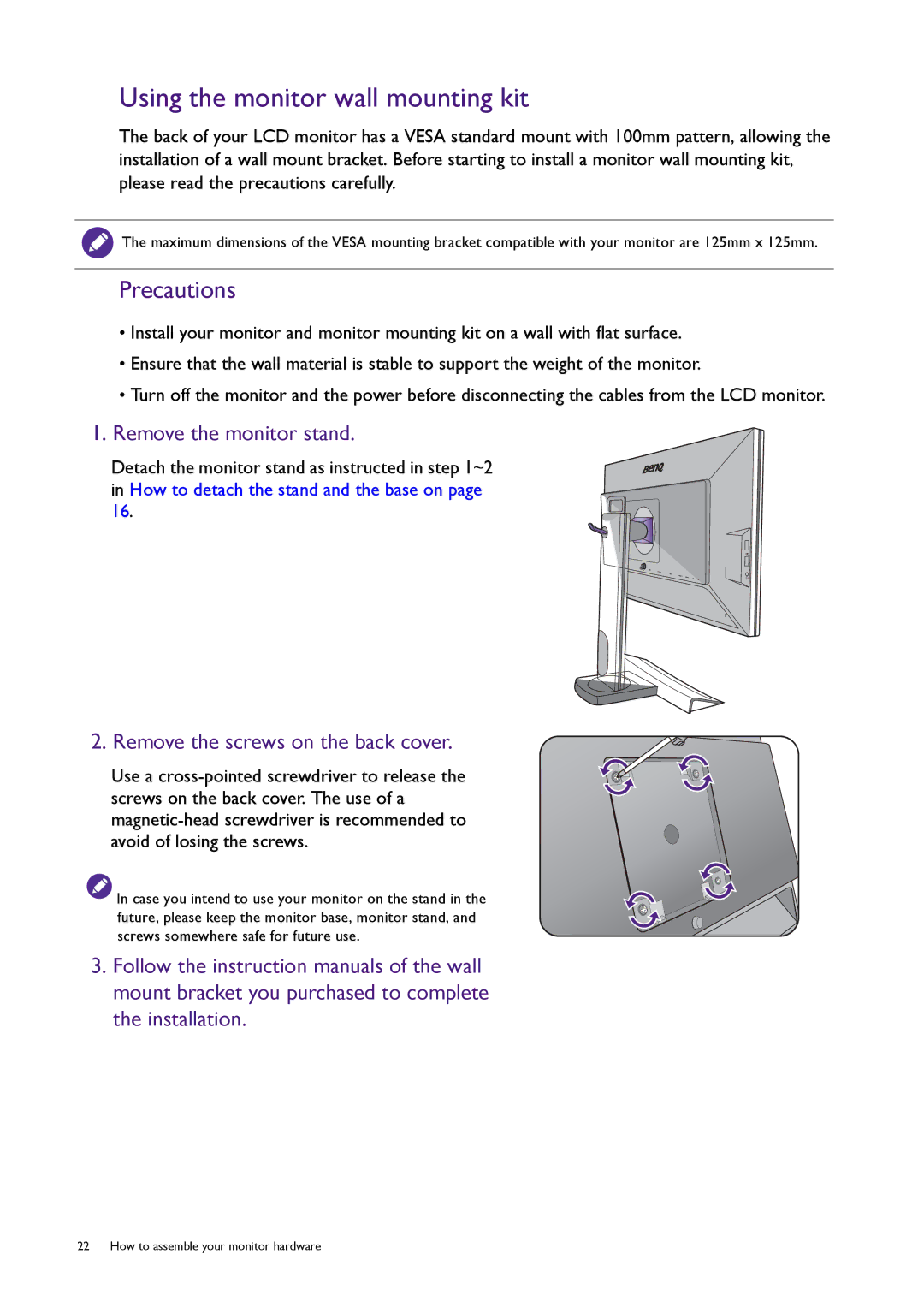 BenQ XL2420T user manual Using the monitor wall mounting kit, Remove the screws on the back cover 