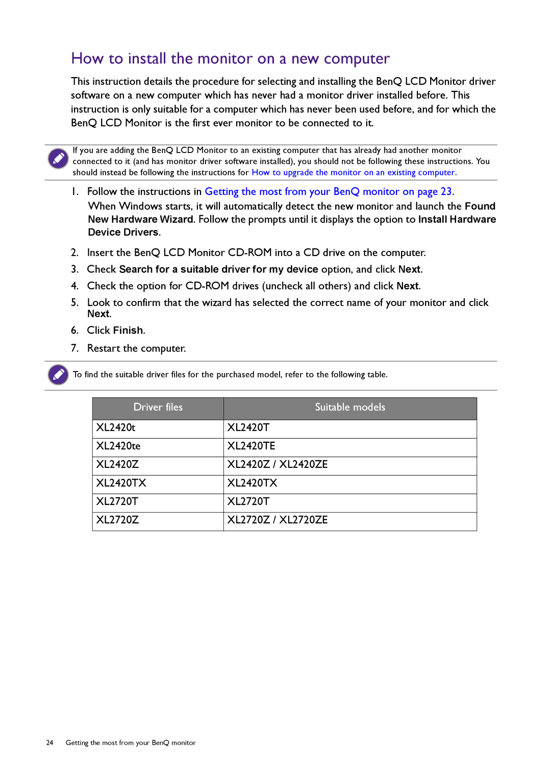 BenQ XL2420T user manual How to install the monitor on a new computer, Click Finish Restart the computer 