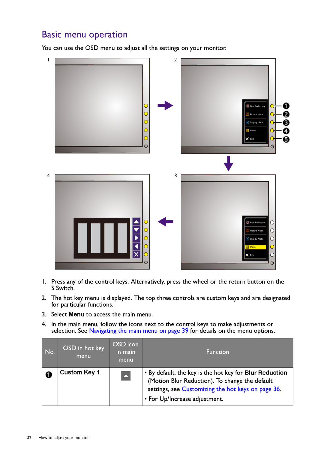 BenQ XL2420T user manual Basic menu operation 