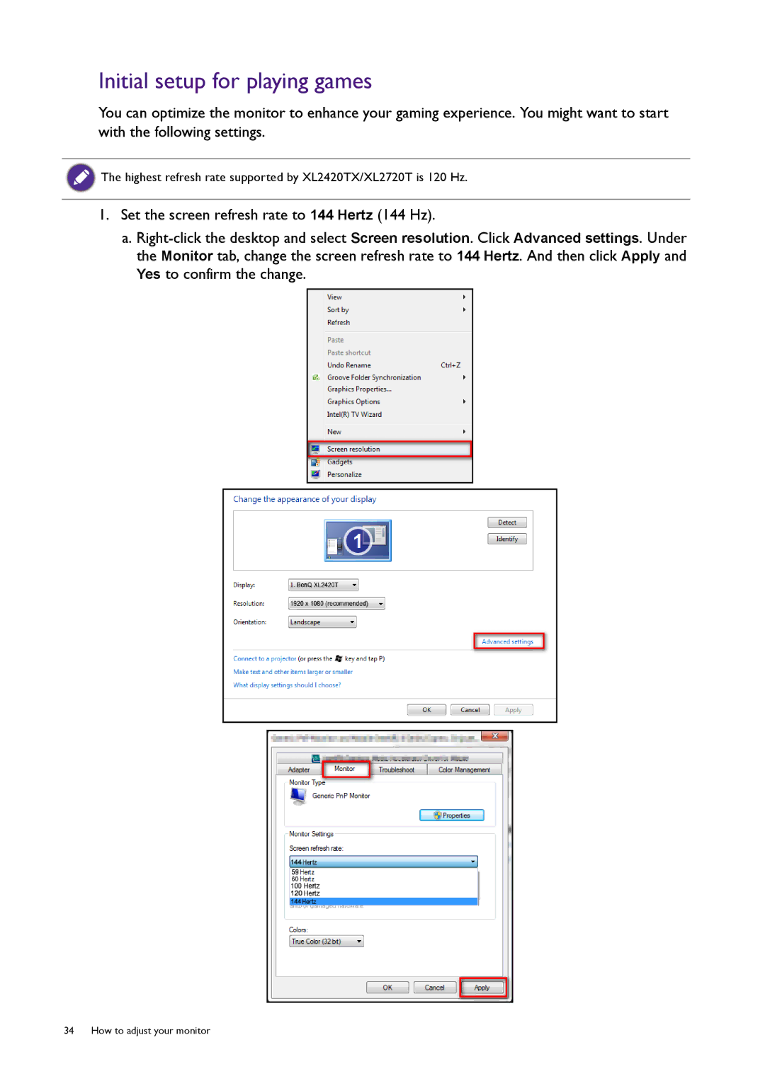 BenQ XL2420T user manual Initial setup for playing games 