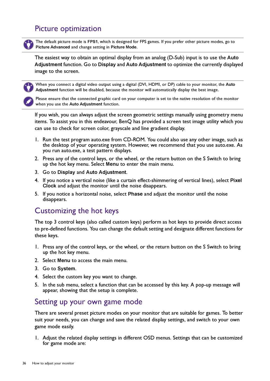 BenQ XL2420T user manual Picture optimization, Customizing the hot keys, Setting up your own game mode 