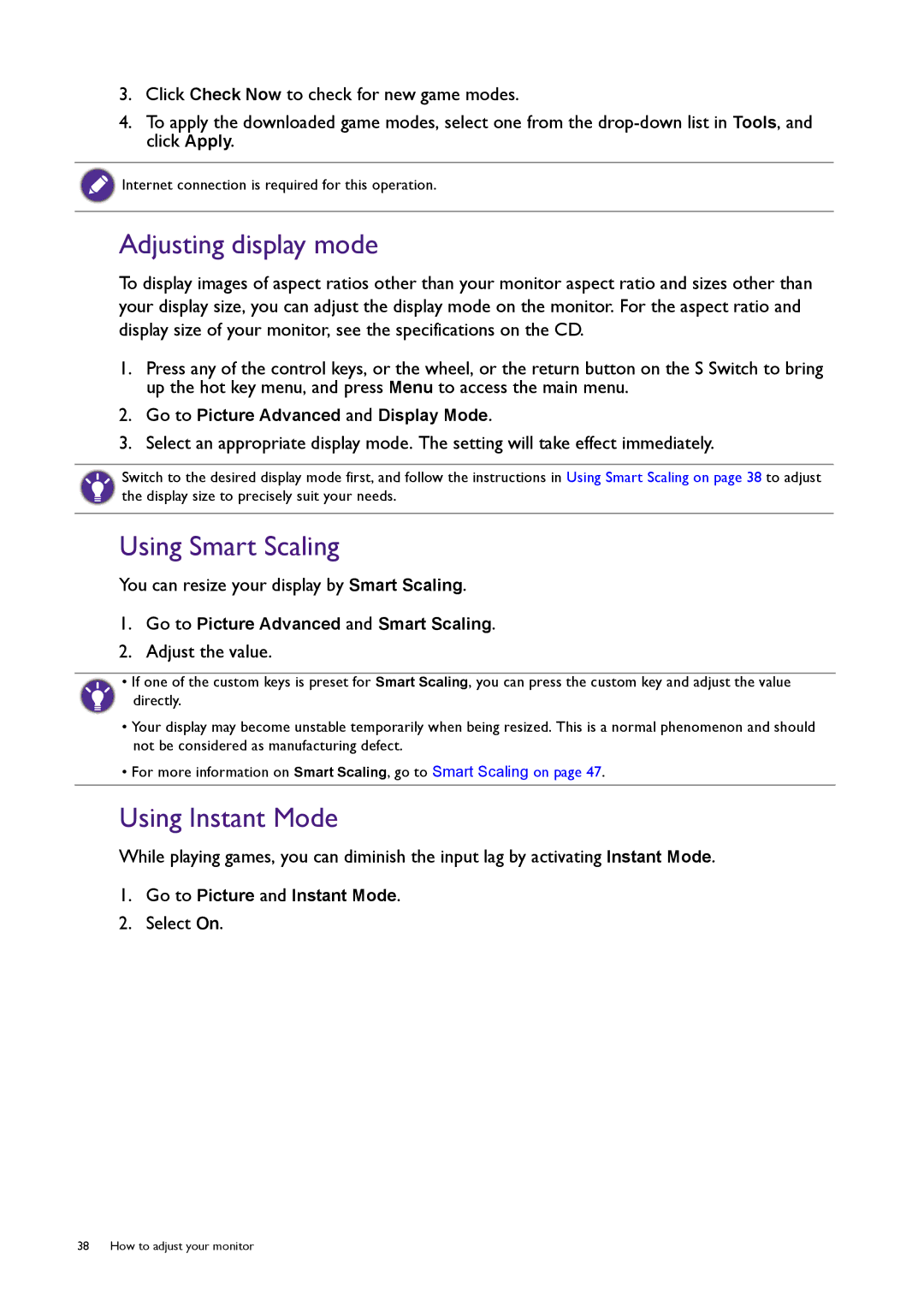 BenQ XL2420T user manual Adjusting display mode, Using Smart Scaling, Using Instant Mode 