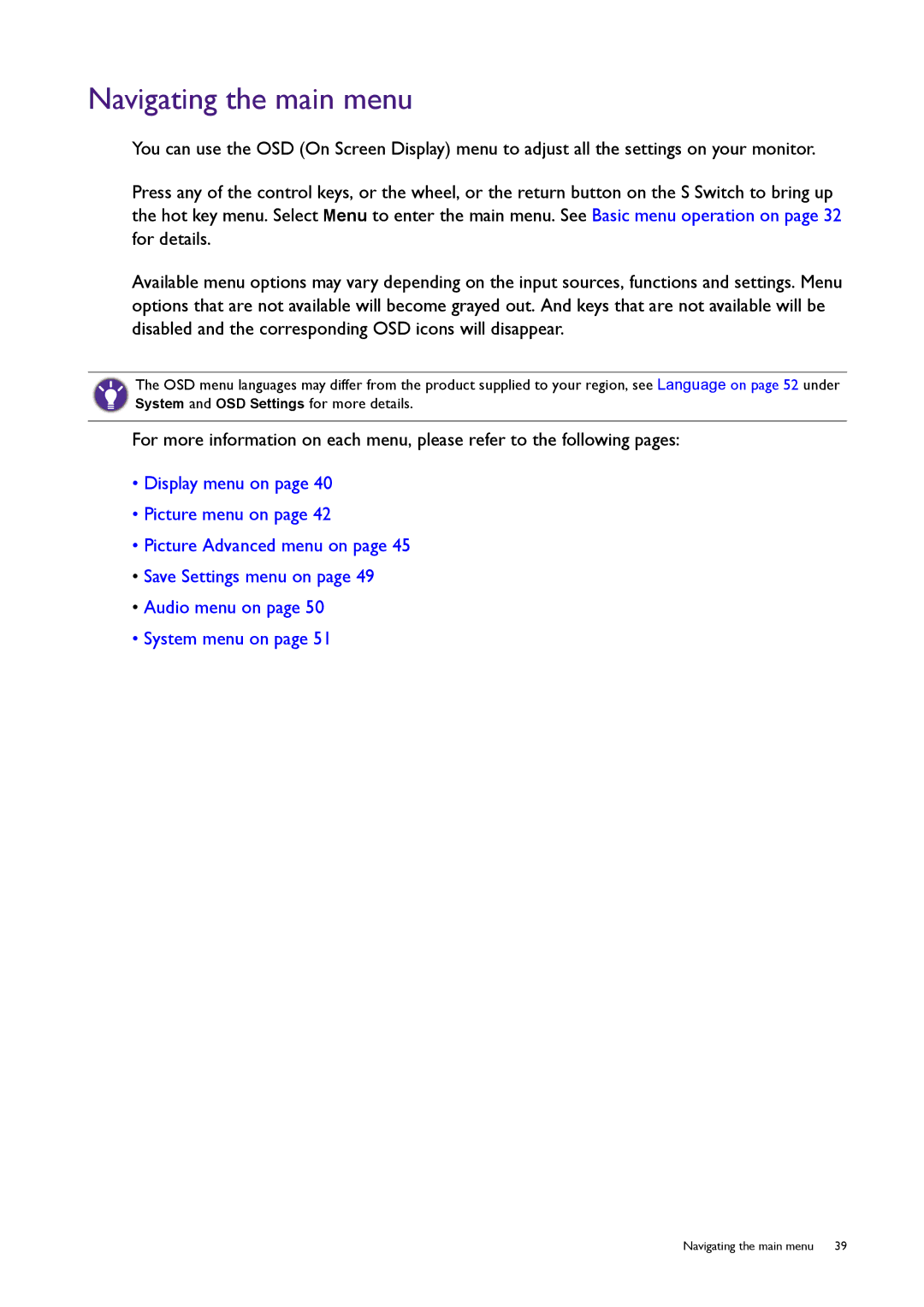 BenQ XL2420T user manual Navigating the main menu 