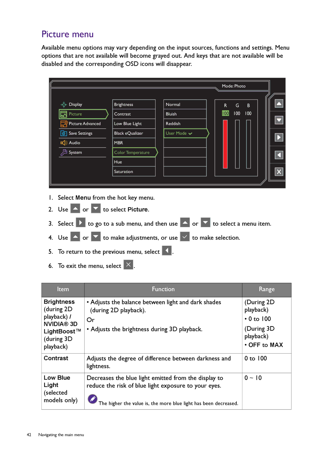 BenQ XL2420T user manual Picture menu, Adjusts the brightness during 3D playback During 3D, During 3D Playback 