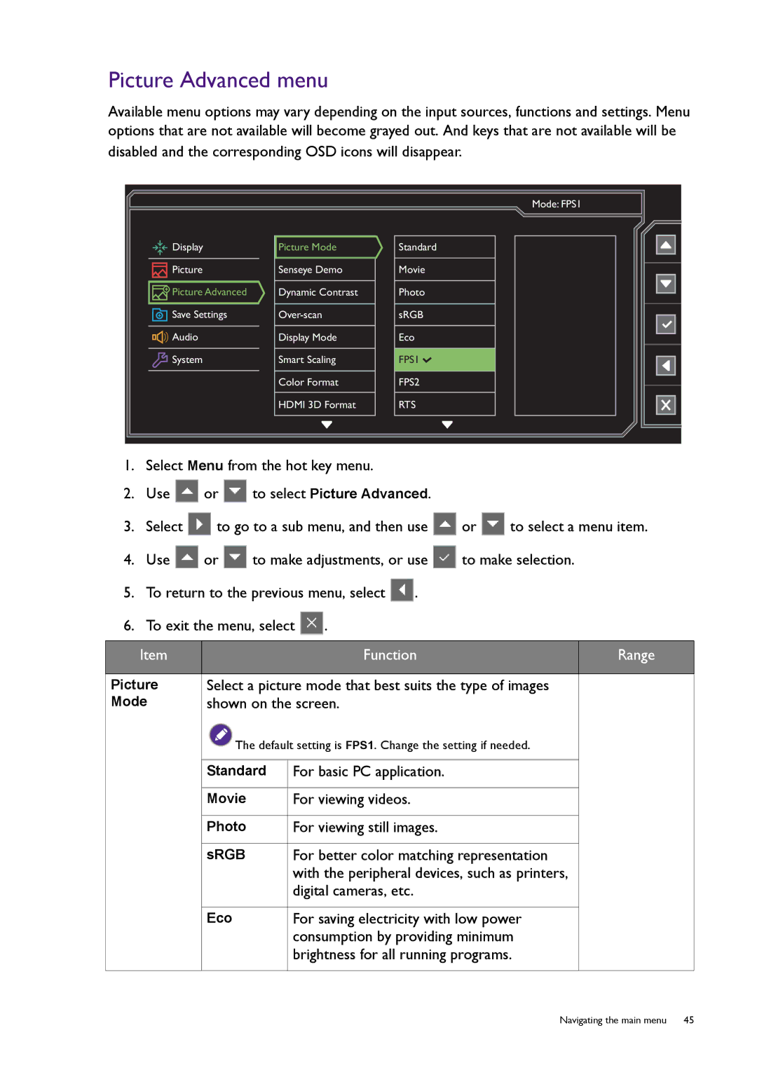 BenQ XL2420T user manual Picture Advanced menu 