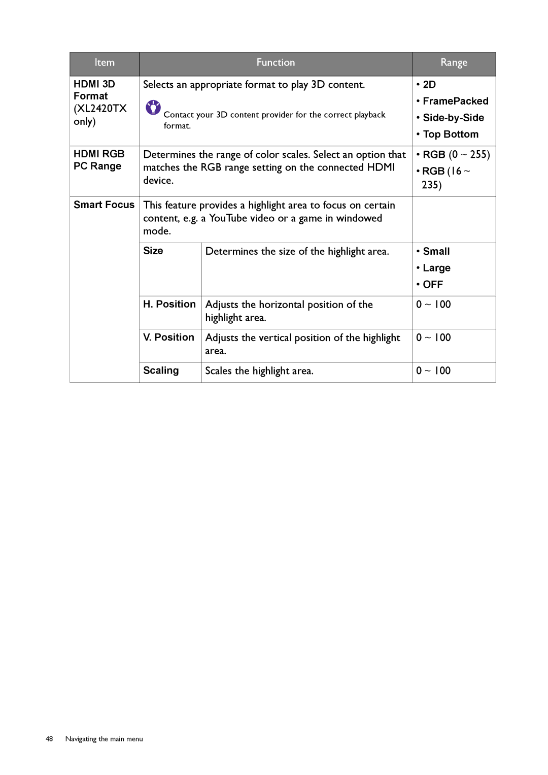 BenQ XL2420T user manual Selects an appropriate format to play 3D content, Determines the size of the highlight area 