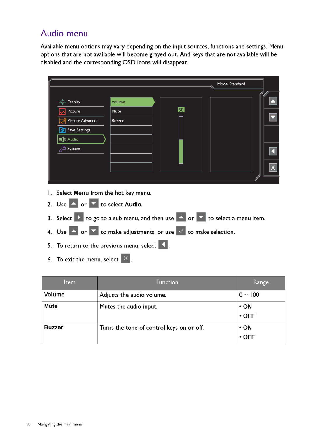 BenQ XL2420T Audio menu, Adjusts the audio volume, Mutes the audio input, Turns the tone of control keys on or off 