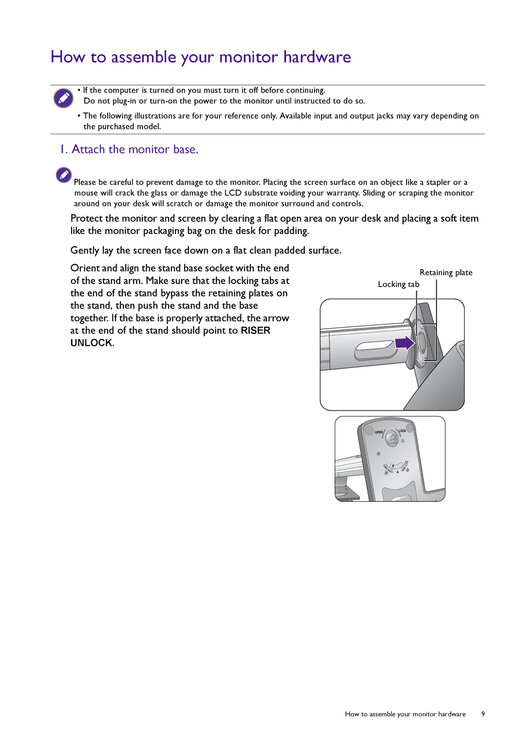 BenQ XL2420T user manual How to assemble your monitor hardware, Attach the monitor base 