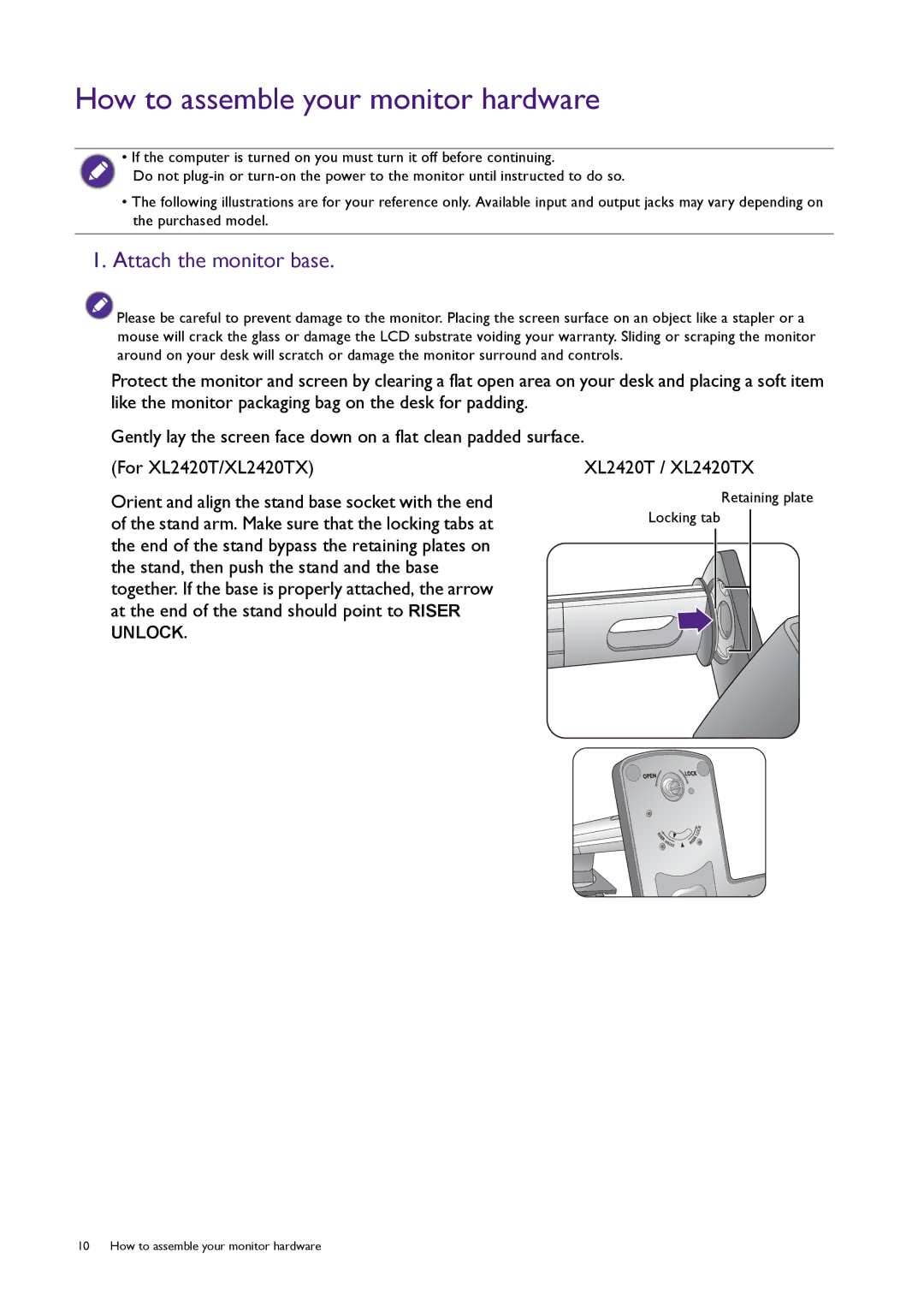 BenQ XL2720T user manual How to assemble your monitor hardware, Attach the monitor base, XL2420T / XL2420TX 