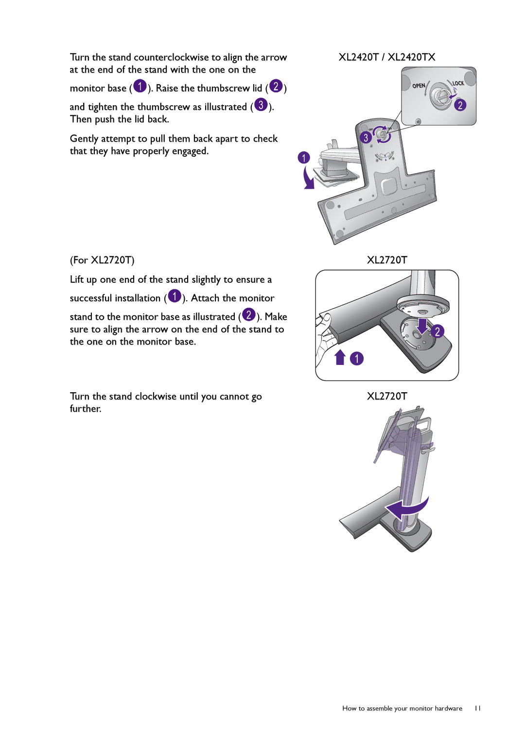 BenQ XL2720T user manual How to assemble your monitor hardware 