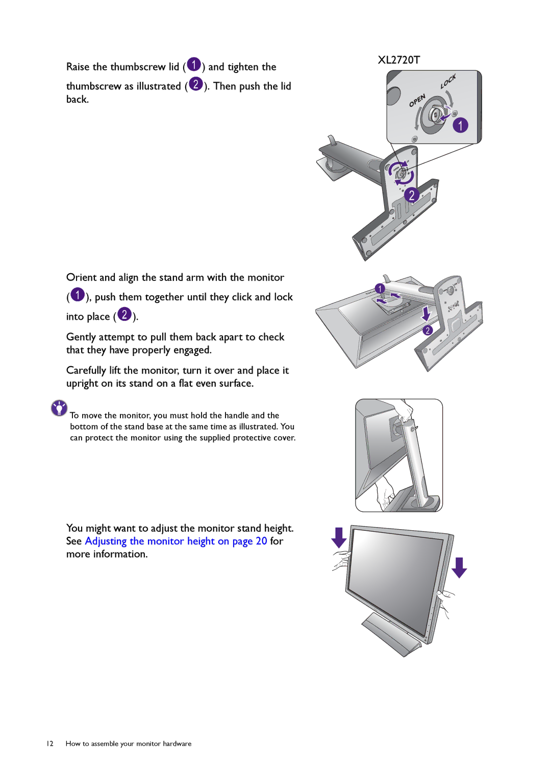 BenQ XL2720T user manual How to assemble your monitor hardware 