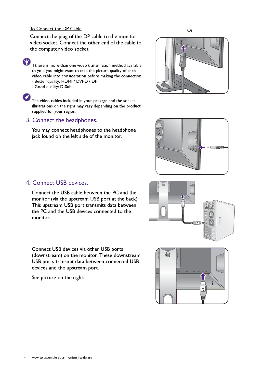 BenQ XL2720T user manual Connect the headphones, Connect USB devices 