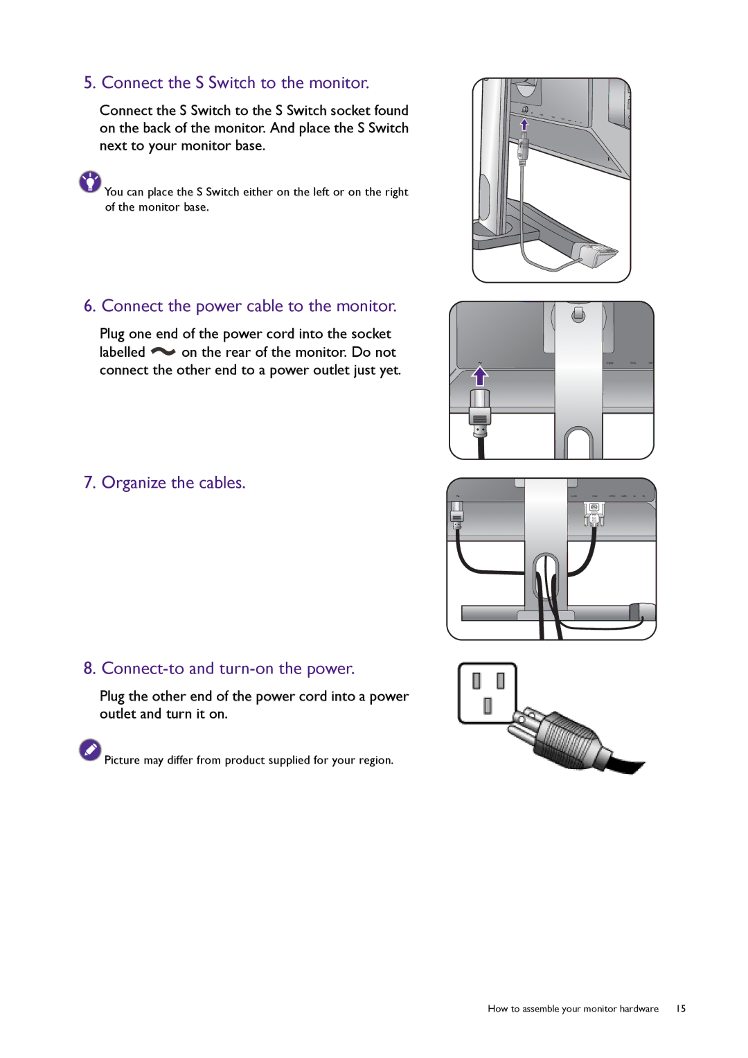 BenQ XL2720T user manual Connect the S Switch to the monitor, Connect the power cable to the monitor 