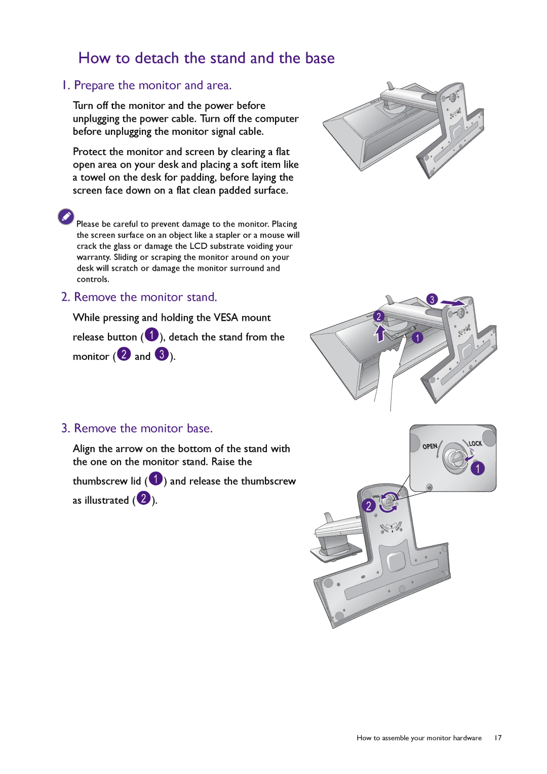 BenQ XL2720T How to detach the stand and the base, Prepare the monitor and area, Remove the monitor stand, Monitor 