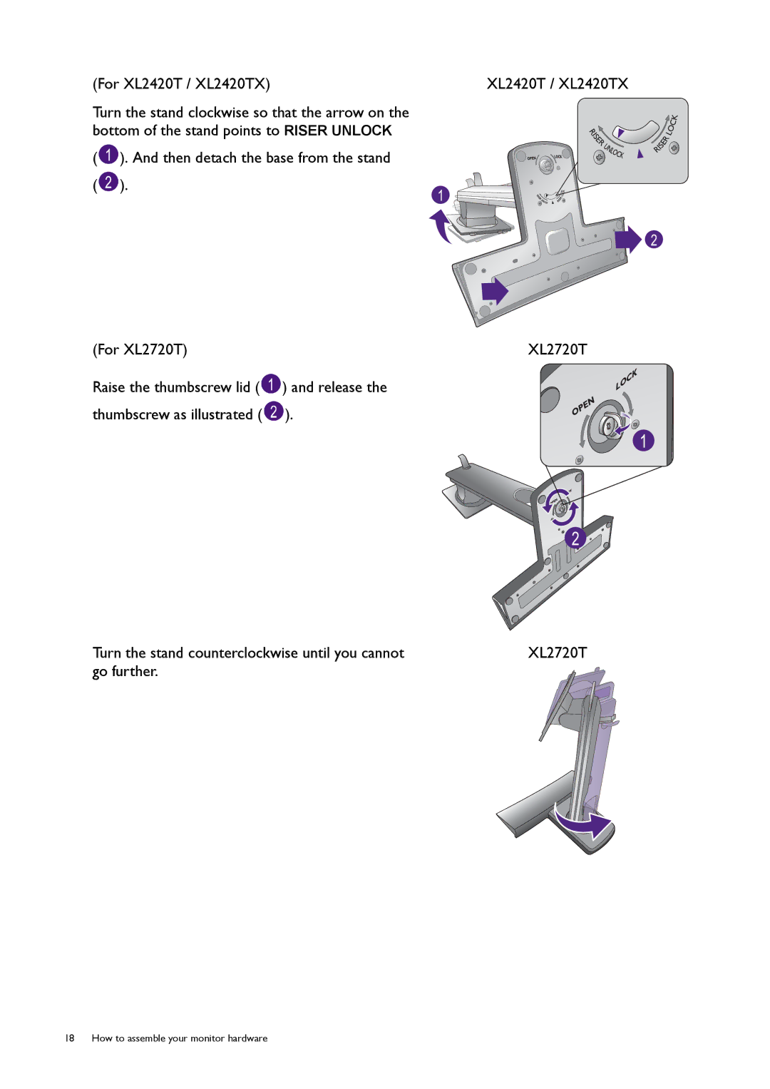 BenQ XL2720T user manual How to assemble your monitor hardware 