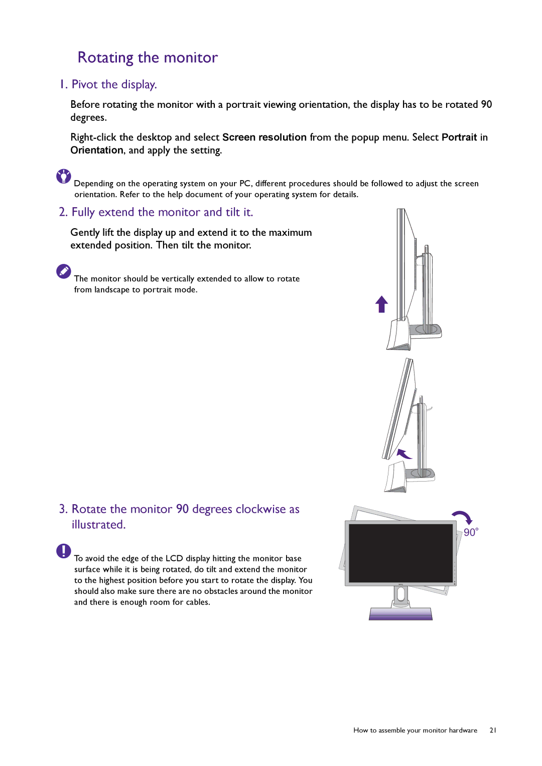 BenQ XL2720T user manual Rotating the monitor, Pivot the display, Fully extend the monitor and tilt it 