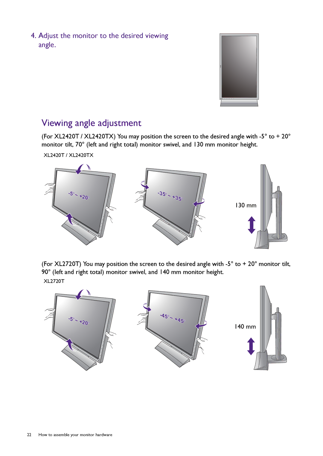 BenQ XL2720T user manual Viewing angle adjustment, Adjust the monitor to the desired viewing angle 