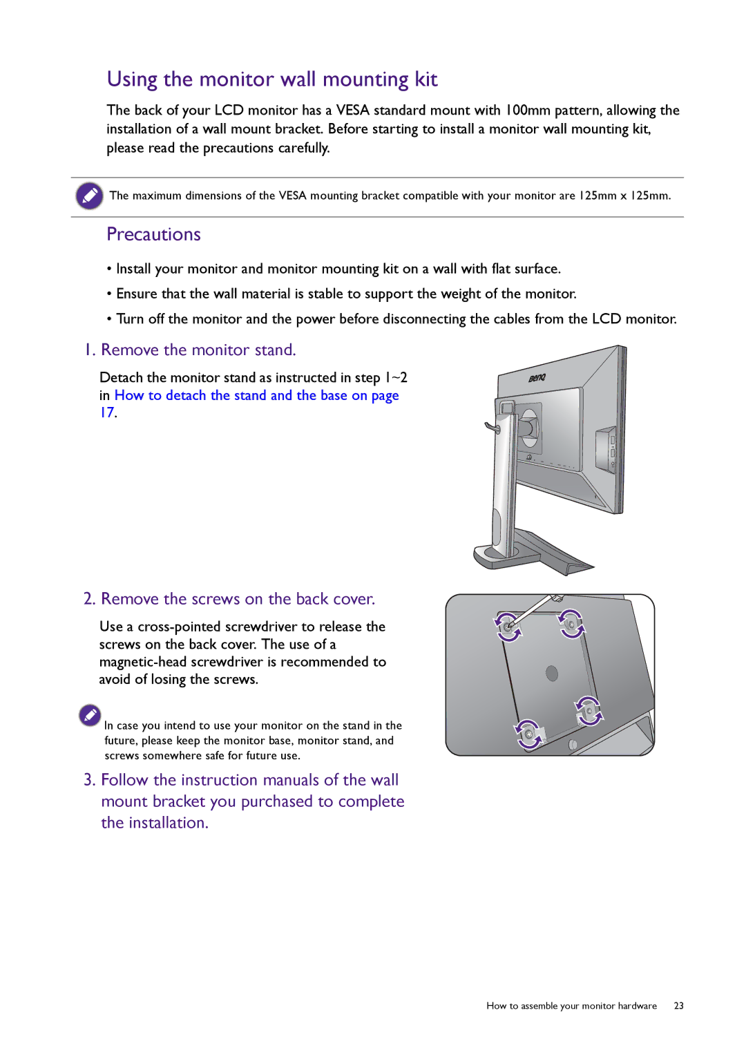 BenQ XL2720T user manual Using the monitor wall mounting kit, Remove the screws on the back cover 