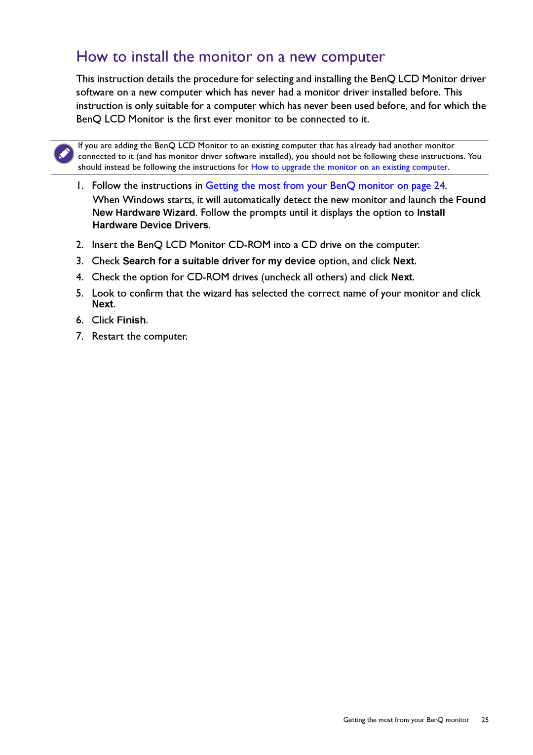 BenQ XL2720T user manual How to install the monitor on a new computer, Click Finish Restart the computer 