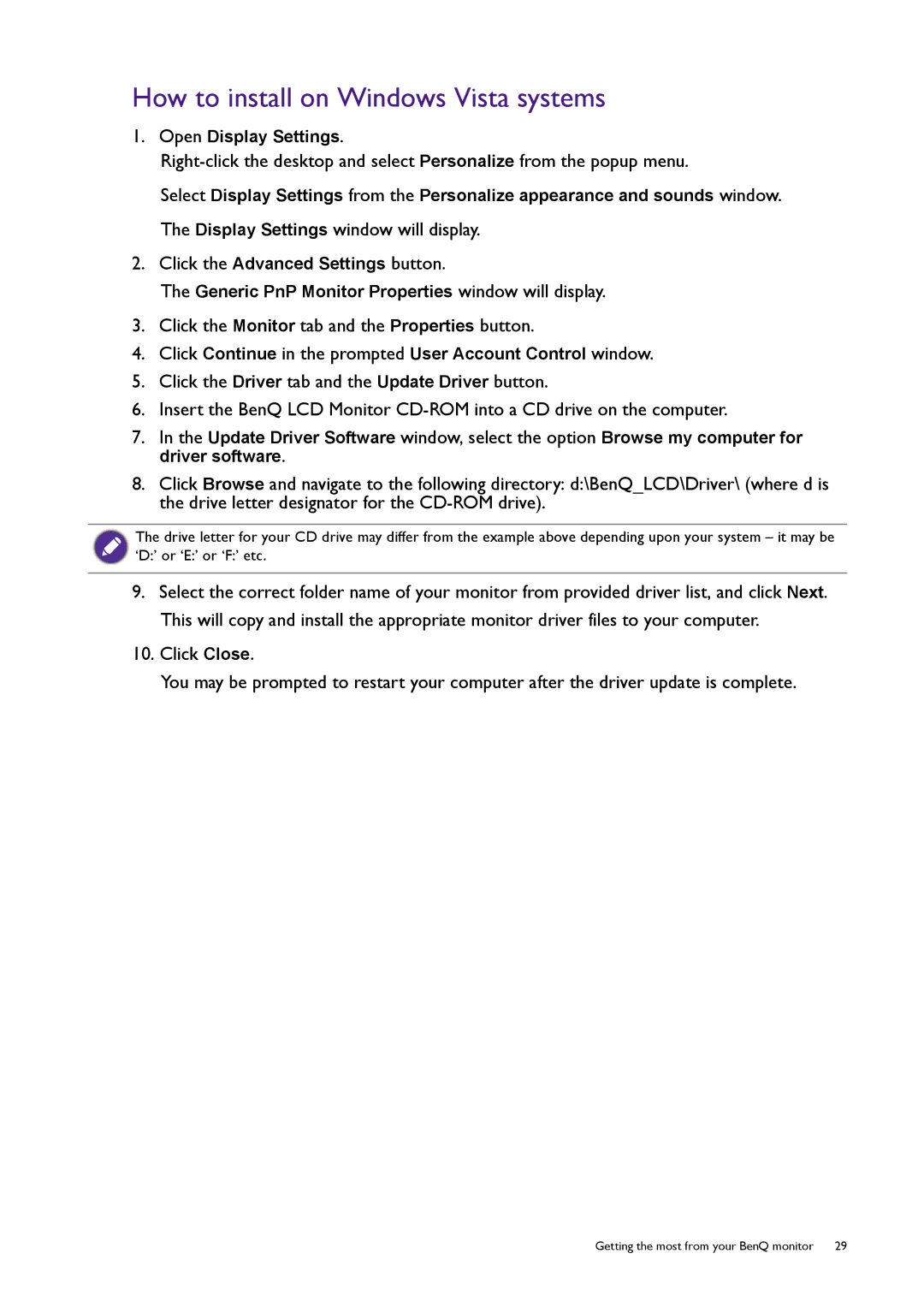 BenQ XL2720T user manual How to install on Windows Vista systems, Click the Monitor tab and the Properties button 