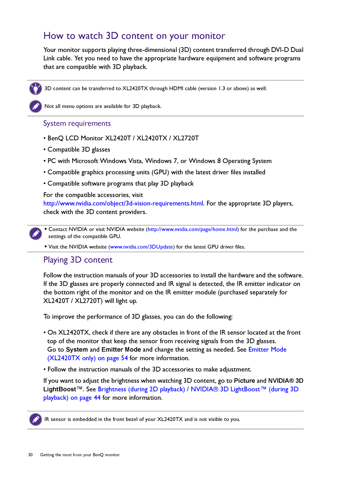 BenQ XL2720T user manual How to watch 3D content on your monitor, System requirements 