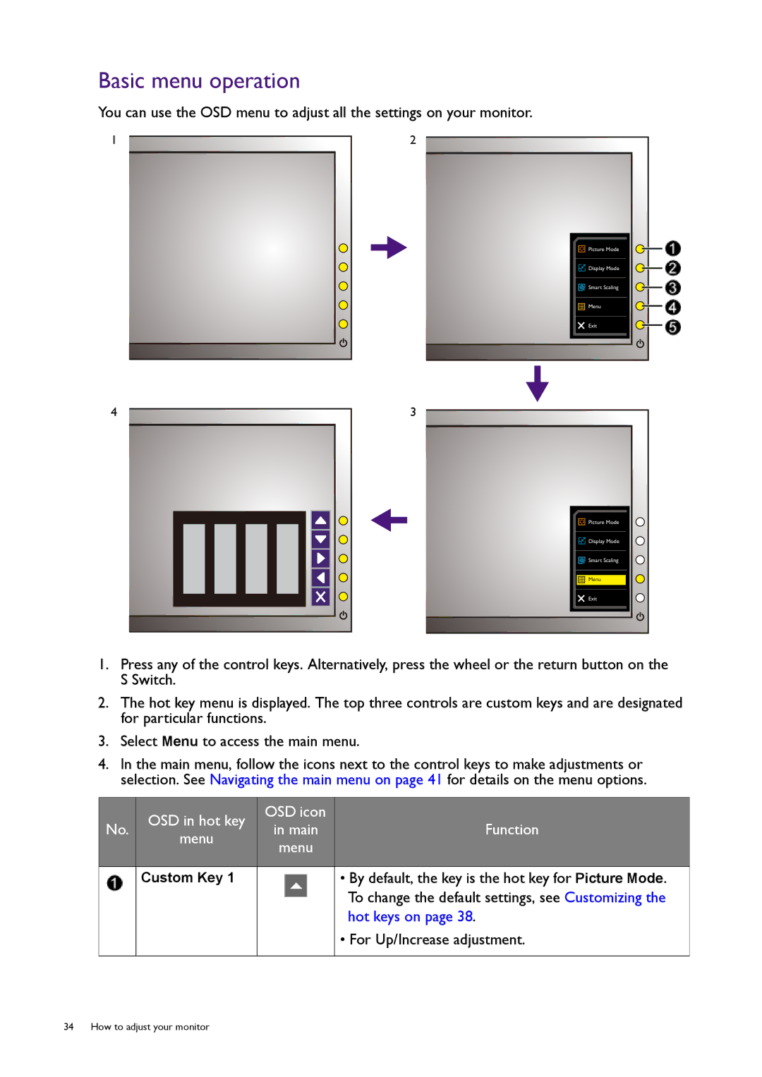 BenQ XL2720T user manual Basic menu operation 