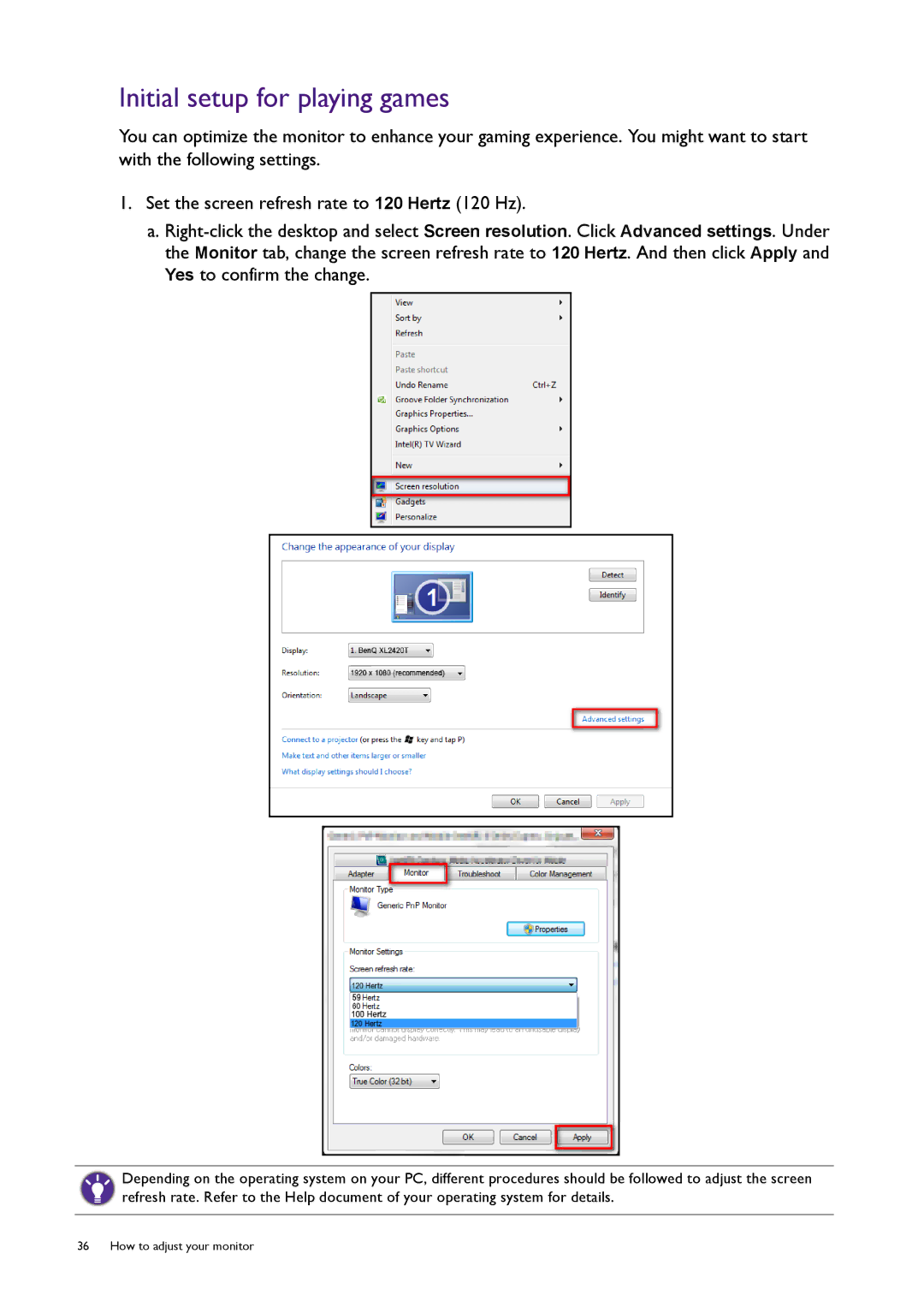 BenQ XL2720T user manual Initial setup for playing games 