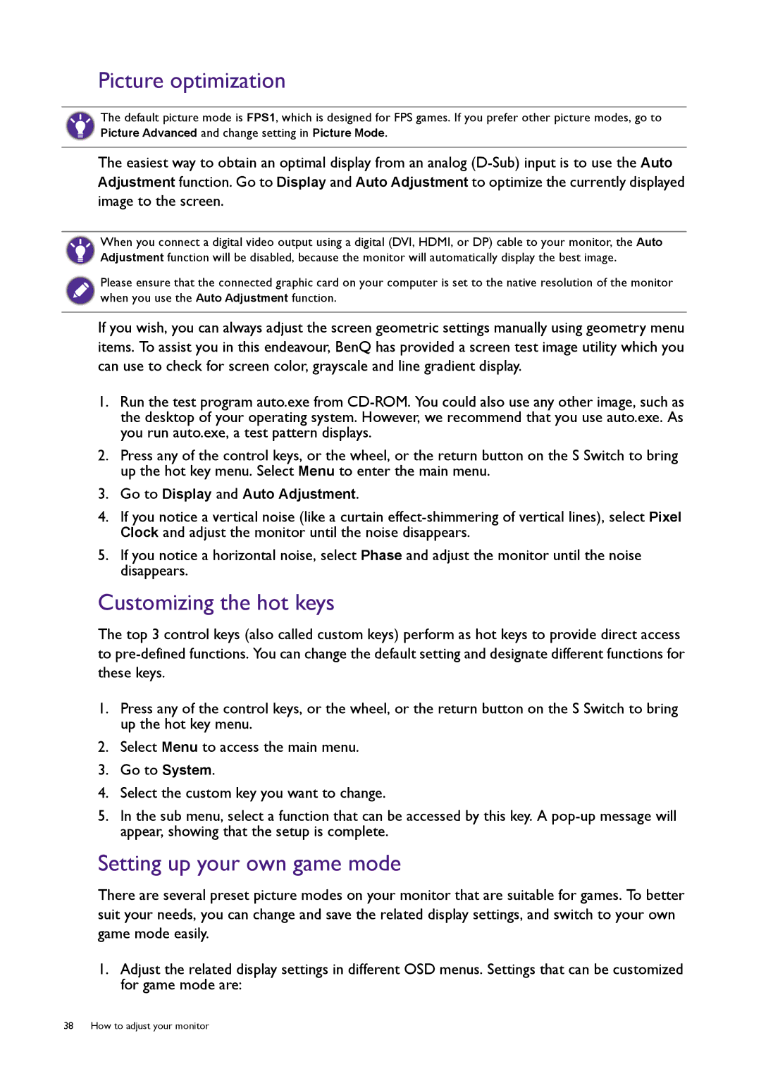 BenQ XL2720T user manual Picture optimization, Customizing the hot keys, Setting up your own game mode 