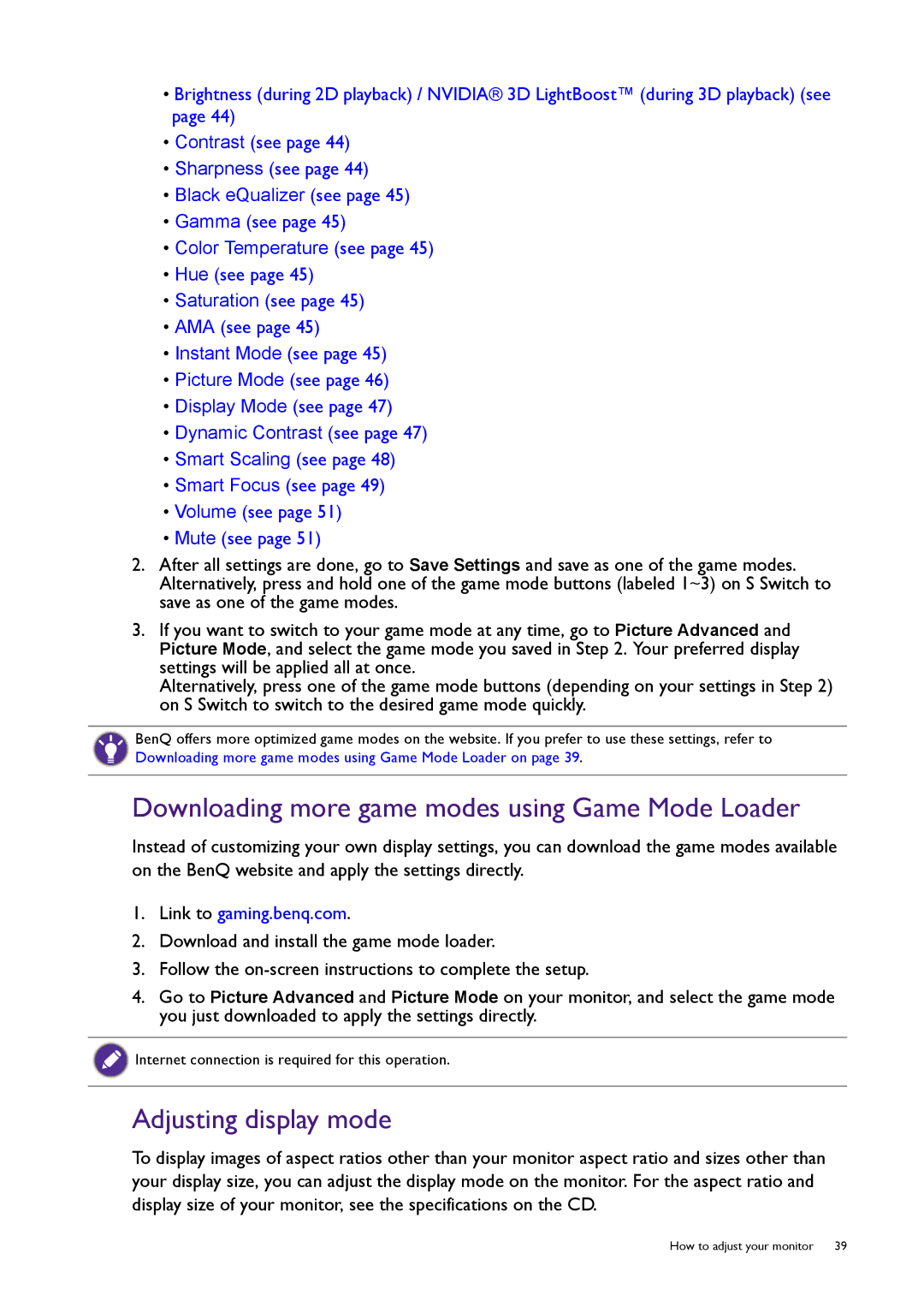 BenQ XL2720T user manual Downloading more game modes using Game Mode Loader, Adjusting display mode 