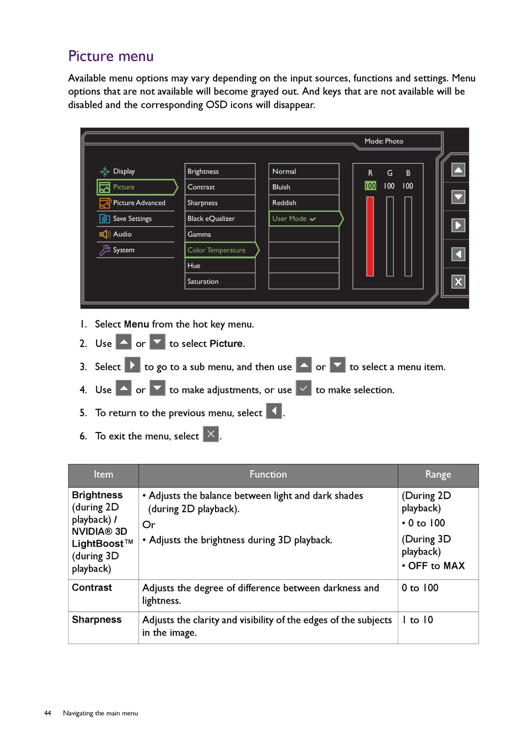 BenQ XL2720T user manual Picture menu, Adjusts the brightness during 3D playback During 3D, During 3D Playback 