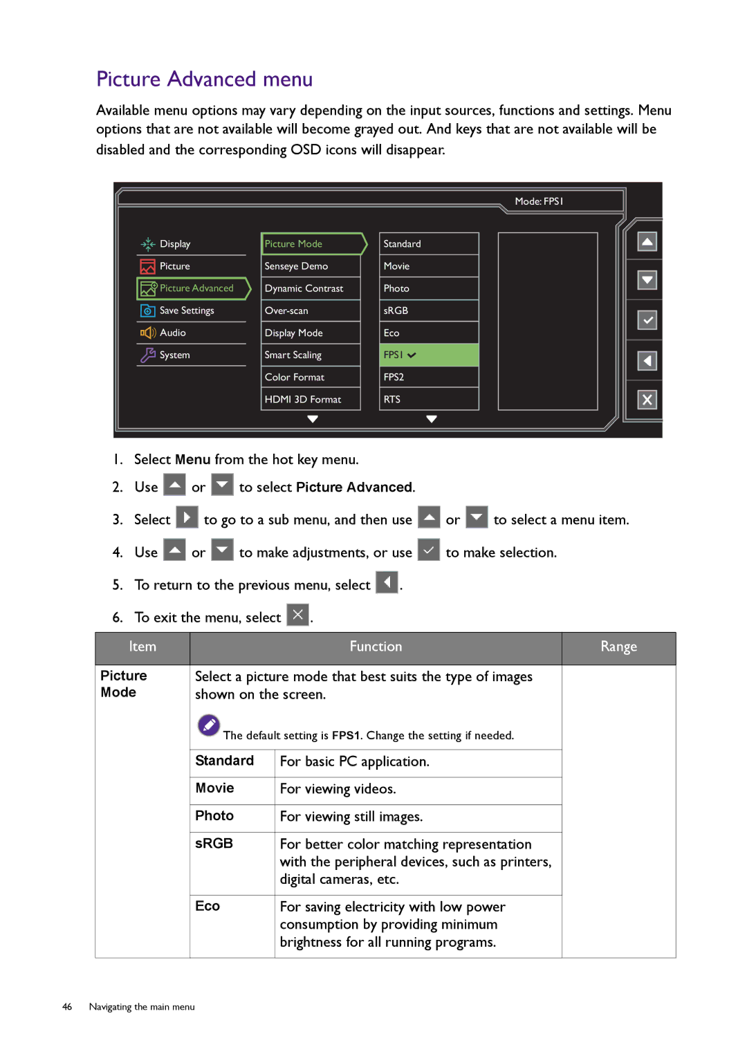 BenQ XL2720T user manual Picture Advanced menu 