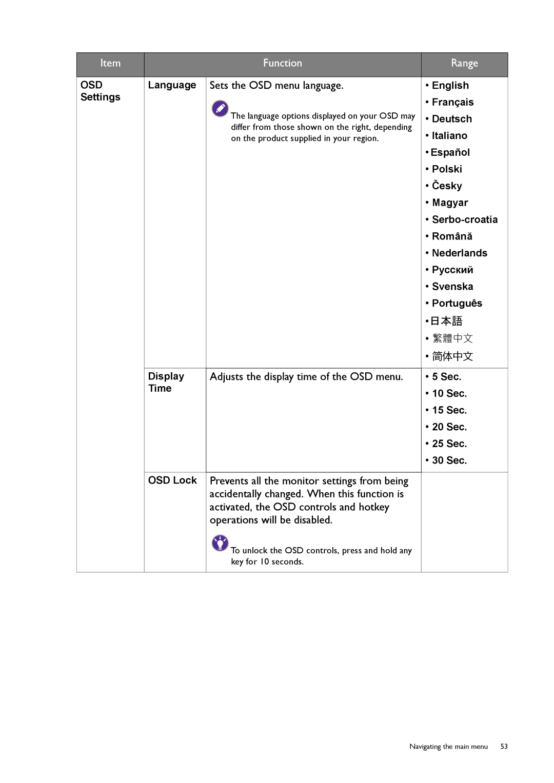 BenQ XL2720T user manual Sets the OSD menu language, Adjusts the display time of the OSD menu 