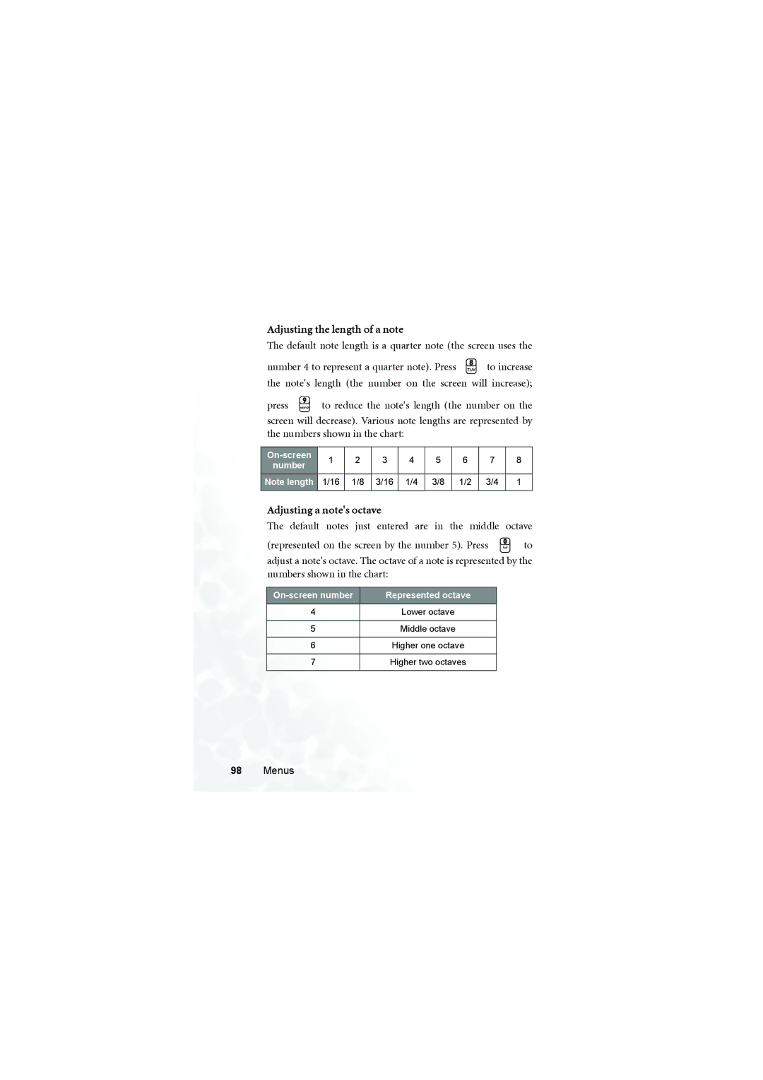 BenQ Z2 manual Adjusting the length of a note, Adjusting a notes octave 