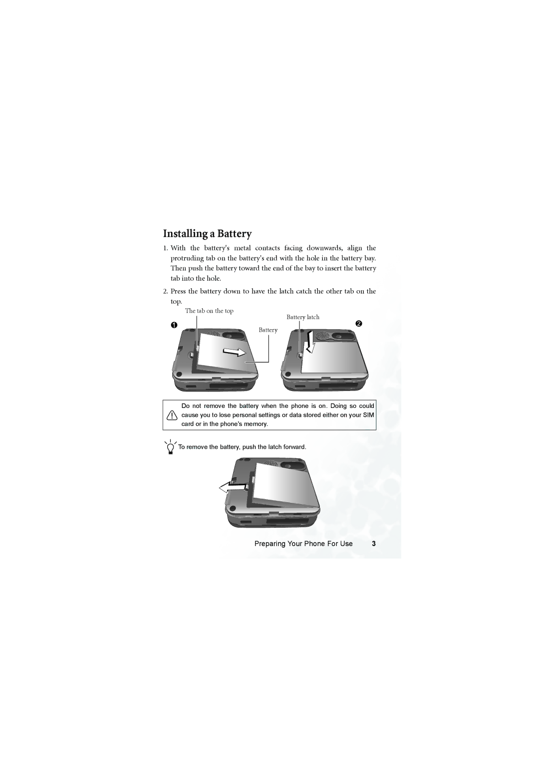 BenQ Z2 manual Installing a Battery, Tab on the top Battery latch 