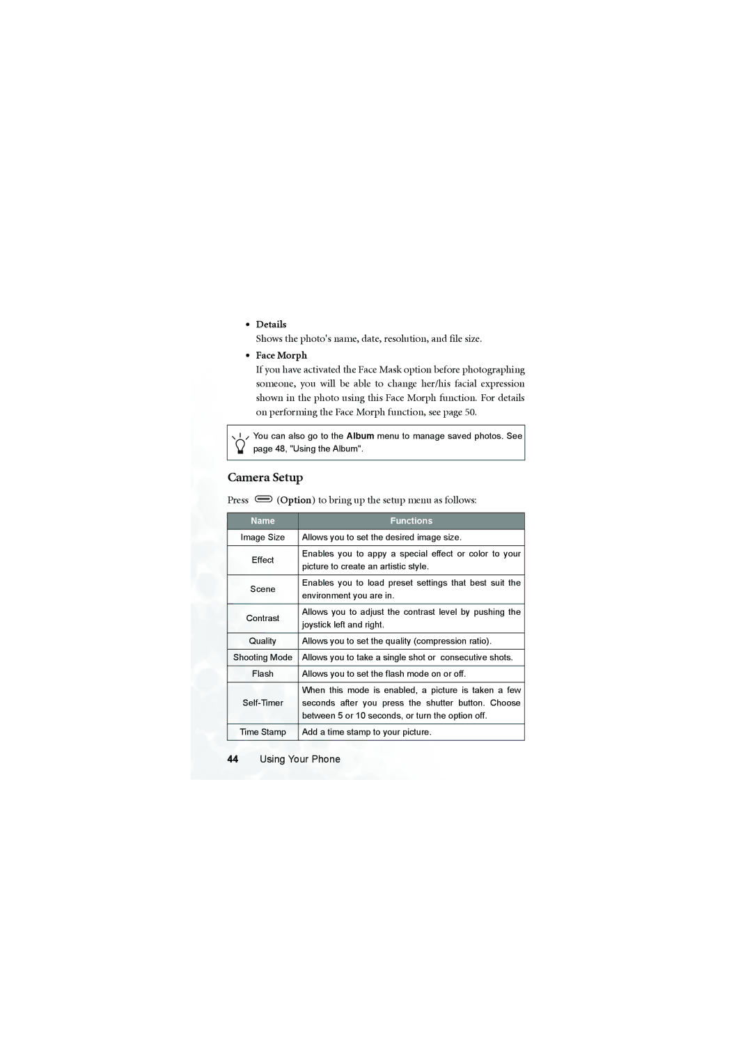 BenQ Z2 manual Camera Setup, Details, Shows the photos name, date, resolution, and file size, Face Morph 