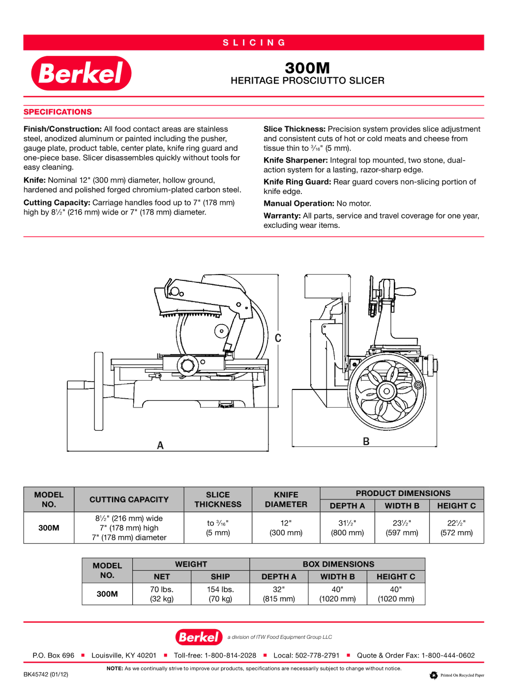 Berkel 300M manual Specifications, lbs 154 lbs 32 kg 70 kg 815 mm 1020 mm 