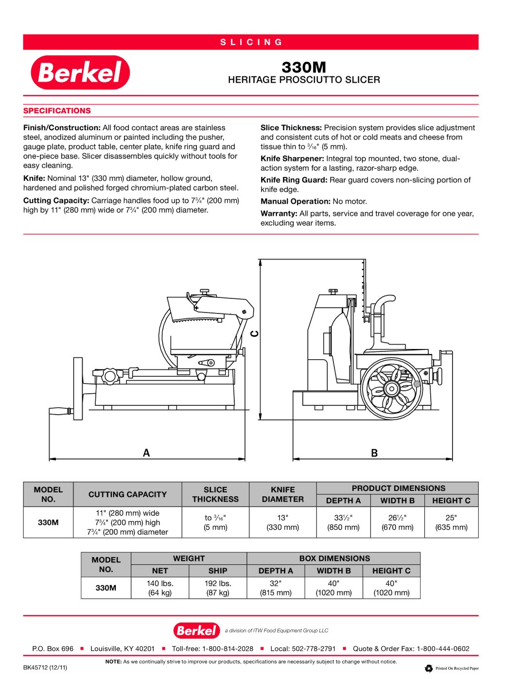 Berkel 330M-STANDC manual Specifications, lbs 192 lbs 64 kg 87 kg 815 mm 1020 mm 